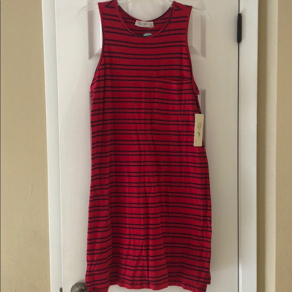 Red sleeveless dress with Navy Blue Stripes.